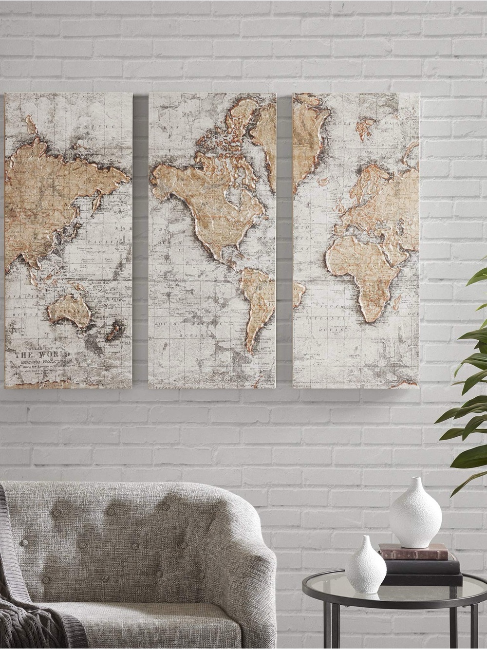 Triptych World Map Wall Art in Neutral Beige & White